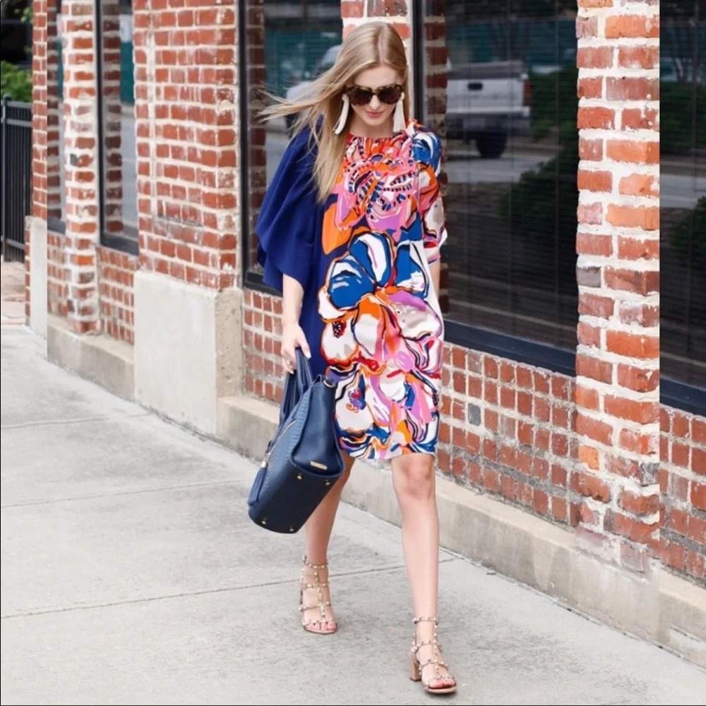 Anthropologie Maeve Vero Silk Floral Mini Dress Large Bold Navy Pink Orange
